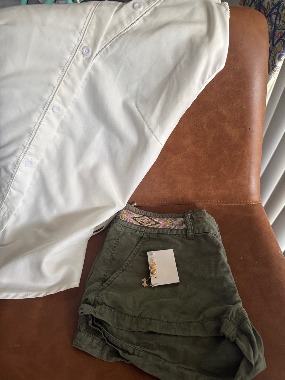 White Button-Up Shirt with Olive Green Shorts